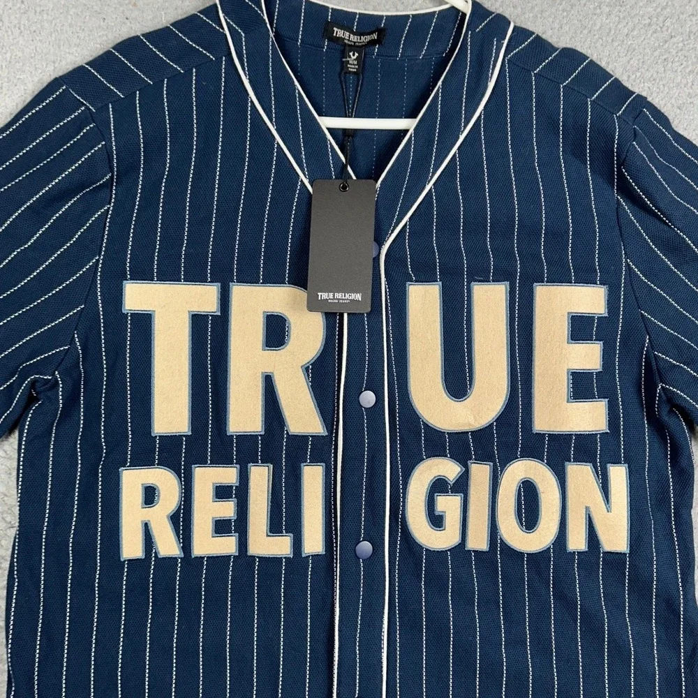 NEW True Religion Shirt Mens Medium Navy Baseball Jersey Graphic Print Button Up